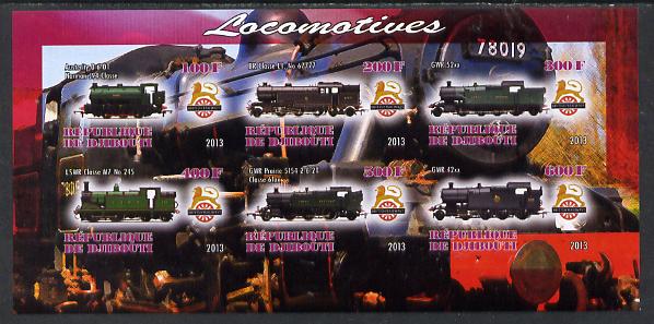 Djibouti 2013 British Steam Locomotives #2 imperf sheetlet containing 6 values unmounted mint, stamps on , stamps on  stamps on railways