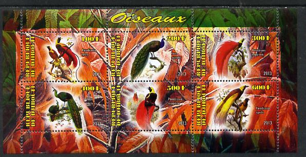 Djibouti 2013 Birds of Paradise perf sheetlet containing 6 values unmounted mint, stamps on , stamps on  stamps on birds, stamps on  stamps on birds of paradise