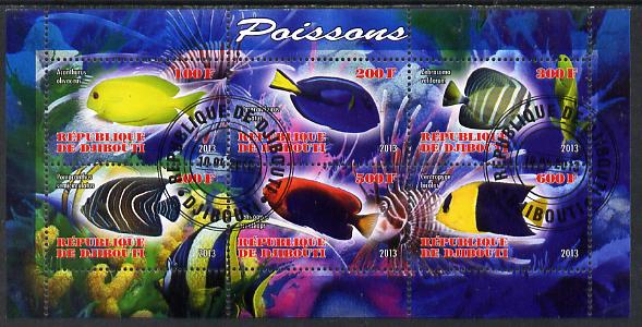 Djibouti 2013 Fish perf sheetlet containing 6 values cto used, stamps on fish