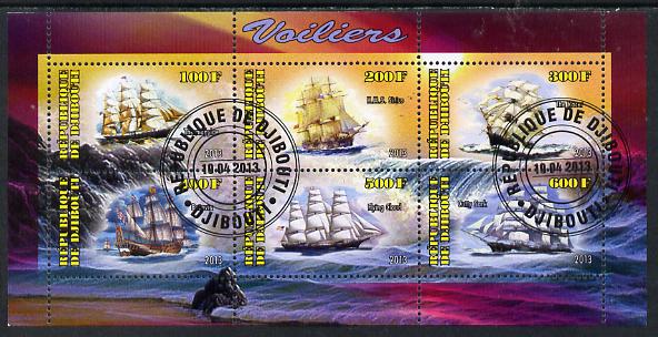 Djibouti 2013 Sailing Ships #2 perf sheetlet containing 6 values cto used, stamps on ships