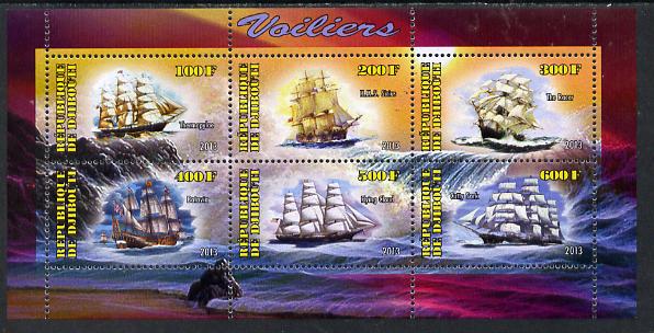 Djibouti 2013 Sailing Ships #2 perf sheetlet containing 6 values unmounted mint, stamps on , stamps on  stamps on ships