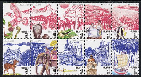 Malaysia 2000 New Millennium - 1st Series - Land & History se-tenant block of 10 unmounted mint SG 829-38, stamps on millennium, stamps on birds, stamps on frogs, stamps on fish, stamps on rubber, stamps on trees, stamps on mountains, stamps on deer, stamps on elephants, stamps on ships, stamps on 