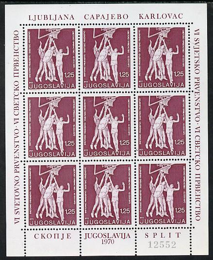 Yugoslavia 1970 World Basketball Championship in complete sheetlet of 9 unmounted mint, as SG 1423, stamps on sport, stamps on basketball