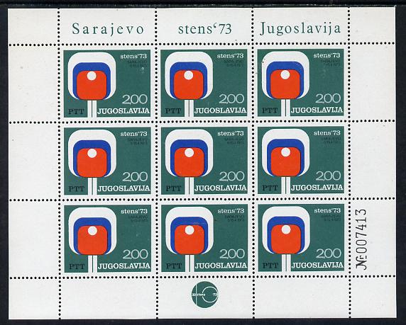 Yugoslavia 1973 World Table Tennis Championships in complete sheetlet of 9 unmounted mint, as SG 1551, stamps on sport, stamps on table tennis, stamps on 