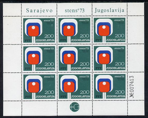 Yugoslavia 1973 World Table Tennis Championships in complete sheetlet of 9 unmounted mint, as SG 1551, stamps on , stamps on  stamps on sport, stamps on  stamps on table tennis, stamps on  stamps on 