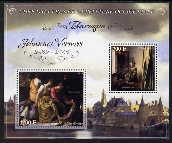 Ivory Coast 2013 Art Masterpieces from the Western World - Baroque Period - Johannes Vermeer perf sheetlet containing 2 values unmounted mint, stamps on , stamps on  stamps on arts, stamps on  stamps on baroque, stamps on  stamps on vermeer