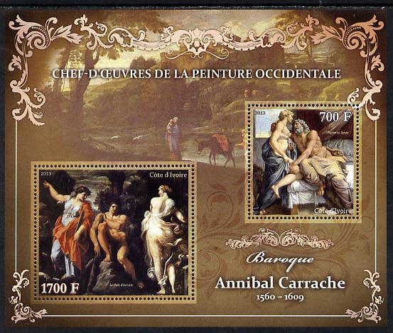 Ivory Coast 2013 Art Masterpieces from the Western World - Baroque Period - Annibale Carracci perf sheetlet containing 2 values unmounted mint, stamps on , stamps on  stamps on arts, stamps on  stamps on baroque, stamps on  stamps on carracci, stamps on  stamps on carrache