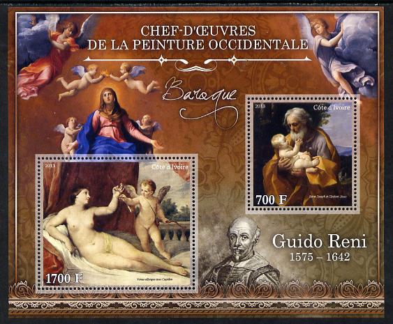 Ivory Coast 2013 Art Masterpieces from the Western World - Baroque Period - Guido Reni perf sheetlet containing 2 values unmounted mint, stamps on arts, stamps on baroque, stamps on reni, stamps on nudes