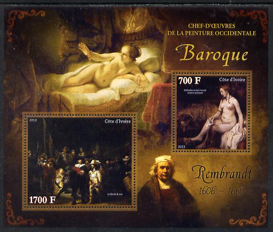 Ivory Coast 2013 Art Masterpieces from the Western World - Baroque Period - Rembrandt perf sheetlet containing 2 values unmounted mint, stamps on arts, stamps on baroque, stamps on rembrandt, stamps on nudes