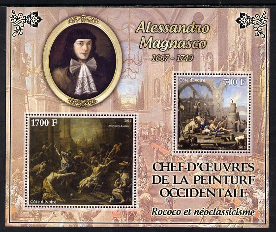 Ivory Coast 2013 Art Masterpieces from the Western World - Rococo & Neoclassicism - Alessandro Magnasco perf sheetlet containing 2 values unmounted mint, stamps on , stamps on  stamps on arts, stamps on  stamps on rococo, stamps on  stamps on neoclassicism, stamps on  stamps on magnasco