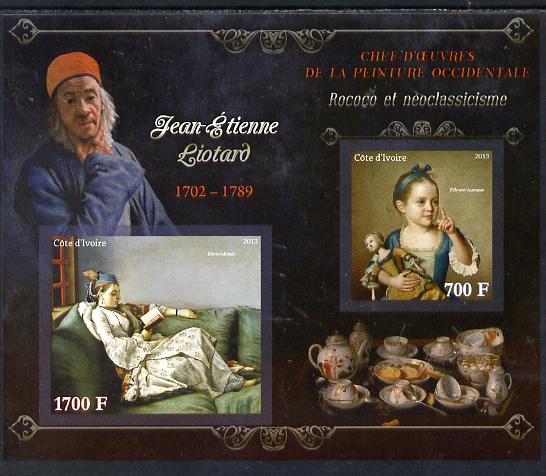 Ivory Coast 2013 Art Masterpieces from the Western World - Rococo & Neoclassicism - Jean-Etienne Liotard imperf sheetlet containing 2 values unmounted mint, stamps on , stamps on  stamps on arts, stamps on  stamps on rococo, stamps on  stamps on neoclassicism, stamps on  stamps on liotard