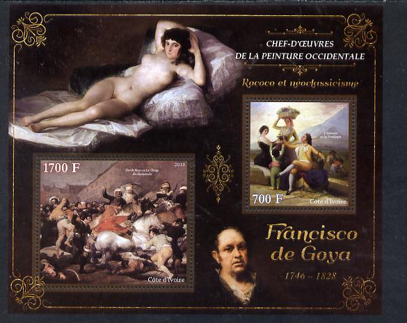 Ivory Coast 2013 Art Masterpieces from the Western World - Rococo & Neoclassicism - Francisco Goya perf sheetlet containing 2 values unmounted mint, stamps on arts, stamps on rococo, stamps on neoclassicism, stamps on goya, stamps on nudes, stamps on battles