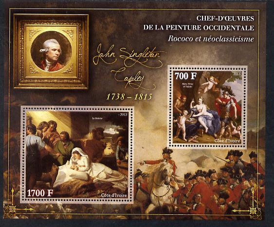 Ivory Coast 2013 Art Masterpieces from the Western World - Rococo & Neoclassicism - John Singleton Copley perf sheetlet containing 2 values unmounted mint, stamps on , stamps on  stamps on arts, stamps on  stamps on rococo, stamps on  stamps on neoclassicism, stamps on  stamps on copley