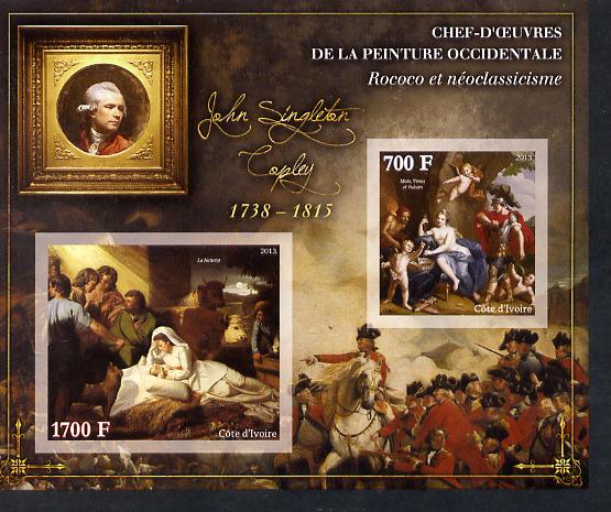 Ivory Coast 2013 Art Masterpieces from the Western World - Rococo & Neoclassicism - John Singleton Copley imperf sheetlet containing 2 values unmounted mint, stamps on , stamps on  stamps on arts, stamps on  stamps on rococo, stamps on  stamps on neoclassicism, stamps on  stamps on copley