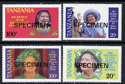 Tanzania 1985 Life & Times of HM Queen Mother set of 4 each opt'd SPECIMEN (as SG 425-8) unmounted mint, stamps on , stamps on  stamps on royalty, stamps on  stamps on queen mother