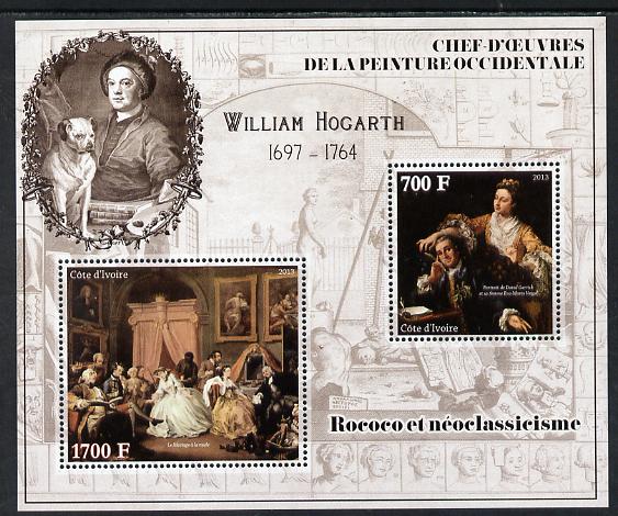 Ivory Coast 2013 Art Masterpieces from the Western World - Rococo & Neoclassicism - William Hogarth perf sheetlet containing 2 values unmounted mint, stamps on , stamps on  stamps on arts, stamps on  stamps on rococo, stamps on  stamps on neoclassicism, stamps on  stamps on hogarth, stamps on  stamps on dogs