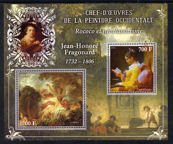 Ivory Coast 2013 Art Masterpieces from the Western World - Rococo & Neoclassicism - Jean-Honore Fragonard perf sheetlet containing 2 values unmounted mint, stamps on arts, stamps on rococo, stamps on neoclassicism, stamps on fragonard