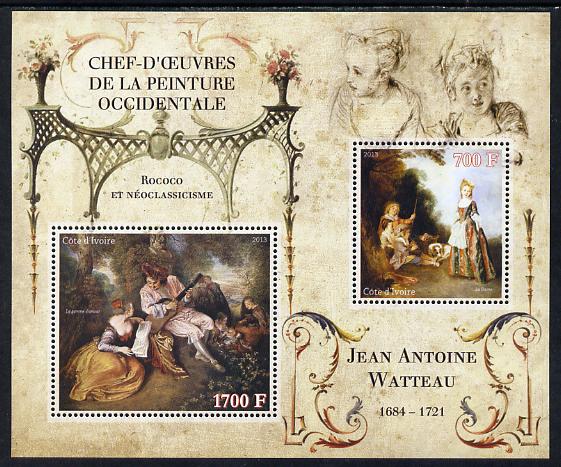 Ivory Coast 2013 Art Masterpieces from the Western World - Rococo & Neoclassicism - Jean-Antoine Watteau perf sheetlet containing 2 values unmounted mint, stamps on arts, stamps on rococo, stamps on neoclassicism, stamps on watteau