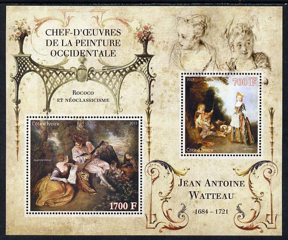 Ivory Coast 2013 Art Masterpieces from the Western World - Rococo & Neoclassicism - Jean-Antoine Watteau perf sheetlet containing 2 values unmounted mint, stamps on , stamps on  stamps on arts, stamps on  stamps on rococo, stamps on  stamps on neoclassicism, stamps on  stamps on watteau