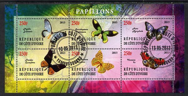 Ivory Coast 2013 Butterflies #4 perf sheetlet containing 6 values fine cto used, stamps on butterflies