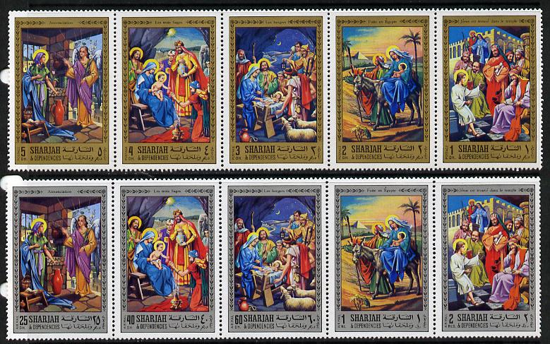 Sharjah 1970 Life of Christ #1 two perf strips of 5 (Mi 737-46A) unmounted mint, stamps on , stamps on  stamps on religion