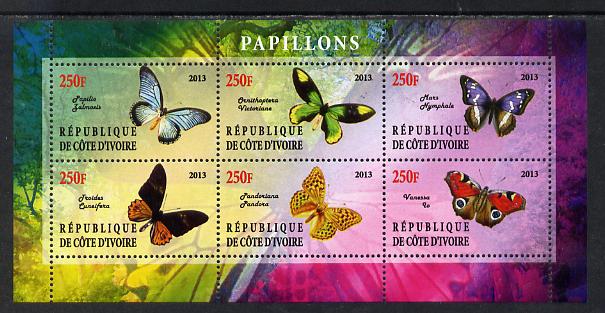 Ivory Coast 2013 Butterflies #4 perf sheetlet containing 6 values unmounted mint, stamps on , stamps on  stamps on butterflies