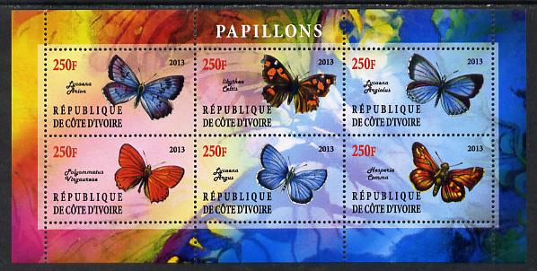 Ivory Coast 2013 Butterflies #5 perf sheetlet containing 6 values unmounted mint, stamps on butterflies