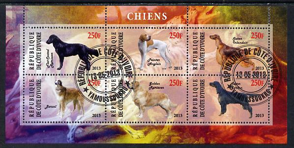 Ivory Coast 2013 Dogs #3 perf sheetlet containing 6 values fine cto used, stamps on dogs