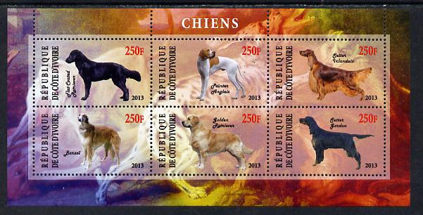 Ivory Coast 2013 Dogs #3 perf sheetlet containing 6 values unmounted mint, stamps on dogs
