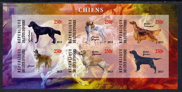 Ivory Coast 2013 Dogs #3 imperf sheetlet containing 6 values unmounted mint, stamps on , stamps on  stamps on dogs