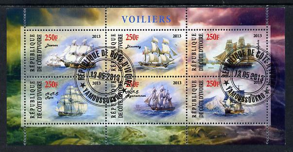 Ivory Coast 2013 Sailing Ships #1 perf sheetlet containing 6 values fine cto used, stamps on , stamps on  stamps on ships