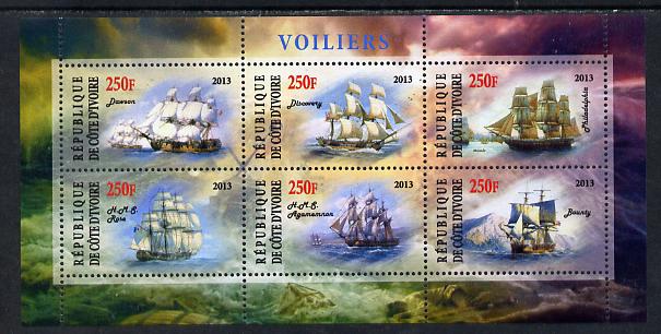 Ivory Coast 2013 Sailing Ships #1 perf sheetlet containing 6 values unmounted mint, stamps on , stamps on  stamps on ships