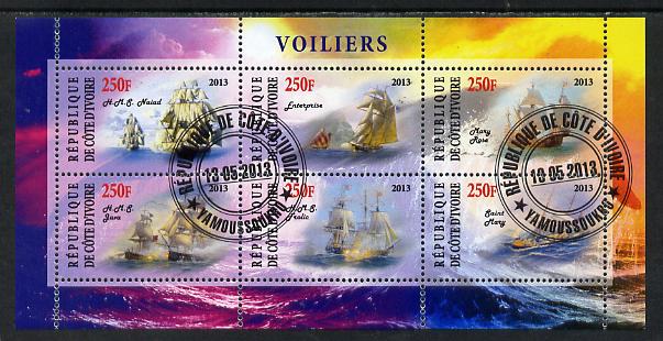 Ivory Coast 2013 Sailing Ships #2 perf sheetlet containing 6 values fine cto used, stamps on , stamps on  stamps on ships