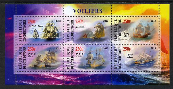 Ivory Coast 2013 Sailing Ships #2 perf sheetlet containing 6 values unmounted mint, stamps on , stamps on  stamps on ships