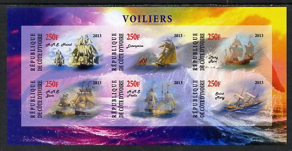 Ivory Coast 2013 Sailing Ships #2 imperf sheetlet containing 6 values unmounted mint, stamps on , stamps on  stamps on ships