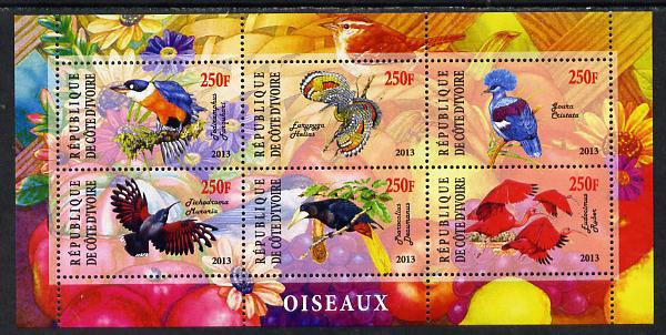 Ivory Coast 2013 Birds perf sheetlet containing 6 values unmounted mint, stamps on , stamps on  stamps on birds