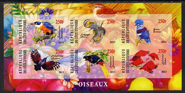 Ivory Coast 2013 Birds imperf sheetlet containing 6 values unmounted mint, stamps on , stamps on  stamps on birds