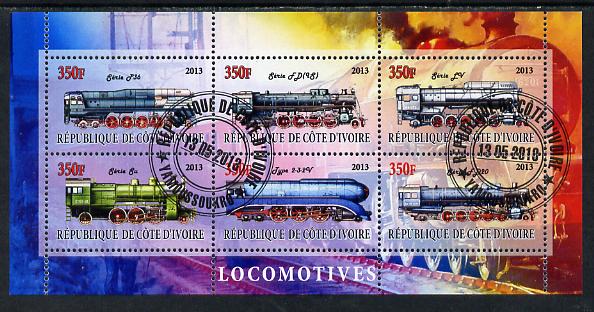Ivory Coast 2013 Locomotives #2 perf sheetlet containing 6 values fine cto used, stamps on , stamps on  stamps on railways