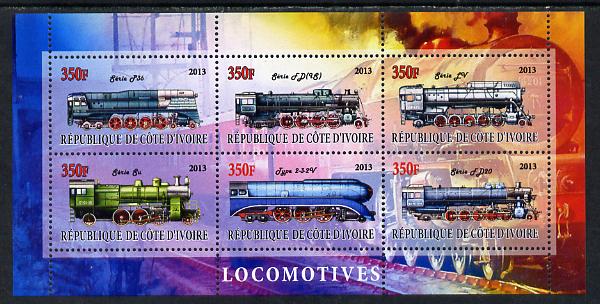 Ivory Coast 2013 Locomotives #2 perf sheetlet containing 6 values unmounted mint, stamps on railways