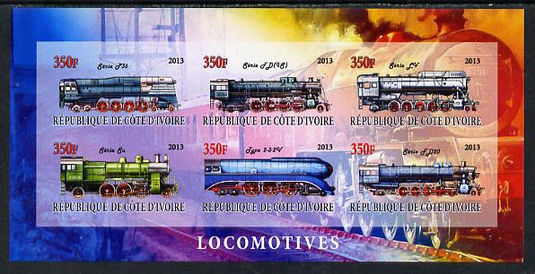 Ivory Coast 2013 Locomotives #2 imperf sheetlet containing 6 values unmounted mint, stamps on railways