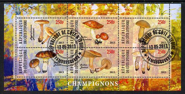 Ivory Coast 2013 Fungi #3 perf sheetlet containing 6 values fine cto used, stamps on , stamps on  stamps on fungi