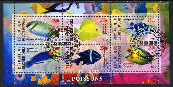 Ivory Coast 2013 Fish perf sheetlet containing 6 values fine cto used, stamps on fish