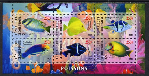 Ivory Coast 2013 Fish perf sheetlet containing 6 values unmounted mint, stamps on , stamps on  stamps on fish