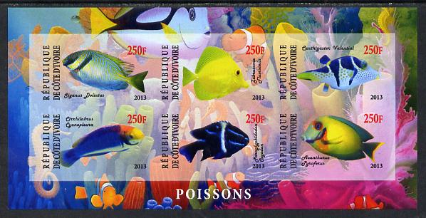 Ivory Coast 2013 Fish imperf sheetlet containing 6 values unmounted mint, stamps on , stamps on  stamps on fish