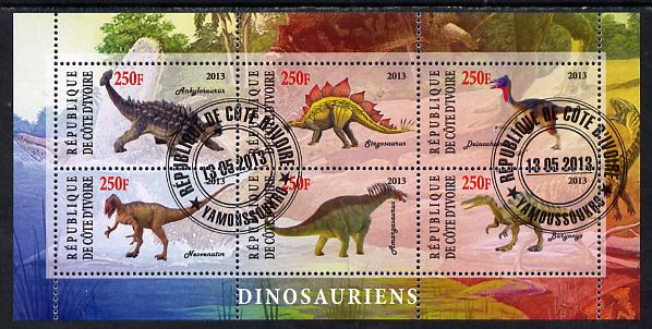 Ivory Coast 2013 Dinosaurs #2 perf sheetlet containing 6 values fine cto used, stamps on dinosaurs