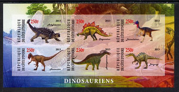 Ivory Coast 2013 Dinosaurs #2 imperf sheetlet containing 6 values unmounted mint, stamps on , stamps on  stamps on dinosaurs