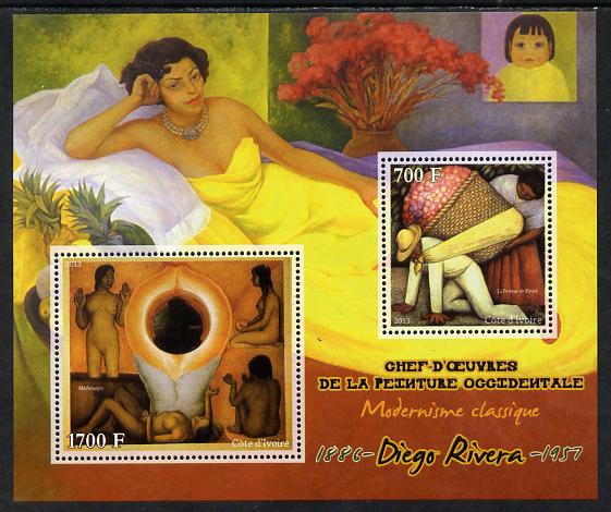 Ivory Coast 2013 Art Masterpieces from the Western World - Modernism - Diego Rivera perf sheetlet containing 2 values unmounted mint, stamps on arts, stamps on modernism, stamps on rivera