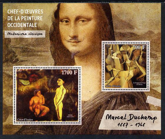 Ivory Coast 2013 Art Masterpieces from the Western World - Modernism - Marcel Duchamp perf sheetlet containing 2 values unmounted mint, stamps on , stamps on  stamps on arts, stamps on  stamps on modernism, stamps on  stamps on duchamp, stamps on  stamps on nudes