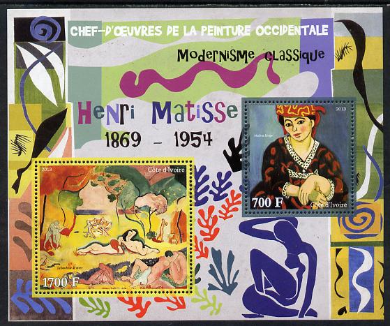 Ivory Coast 2013 Art Masterpieces from the Western World - Modernism - Henri Matisse perf sheetlet containing 2 values unmounted mint, stamps on arts, stamps on modernism, stamps on matisse