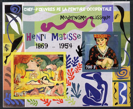 Ivory Coast 2013 Art Masterpieces from the Western World - Modernism - Henri Matisse imperf sheetlet containing 2 values unmounted mint, stamps on , stamps on  stamps on arts, stamps on  stamps on modernism, stamps on  stamps on matisse